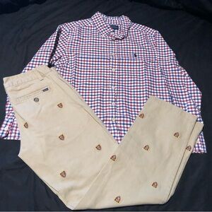 Ralph Lauren Red and Blue Plaid Button Down with Khaki Logo Pants for Boys